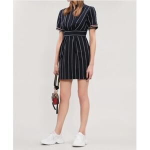 Sandro Francine Dress EU 36 US 4 Small Navy Blue Pinstripe Cotton Linen Blend